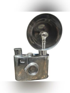 Vintage Style Silver Aluminum Camera Sculpture with Flash Bulb -Retro Home Decor